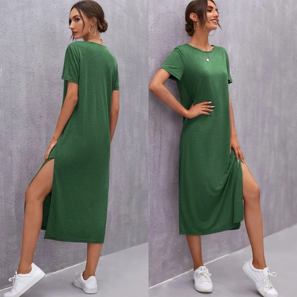 Short sleeve midi length slit tee dress casual boho purple - Picture 6 of 9